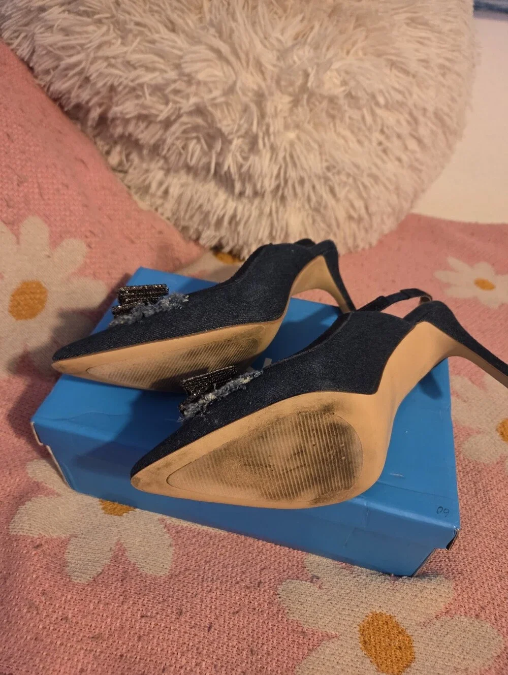Bill Blass Dark Blue Denim Pointed Slingback Heels with Beaded Bow